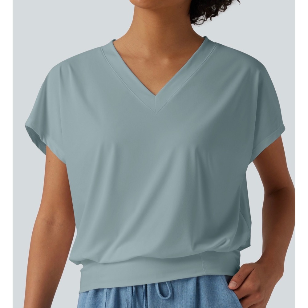 Halara InstantCool Quick Dry Yoga Sports Top V Neck Oversized Blue Green Large
